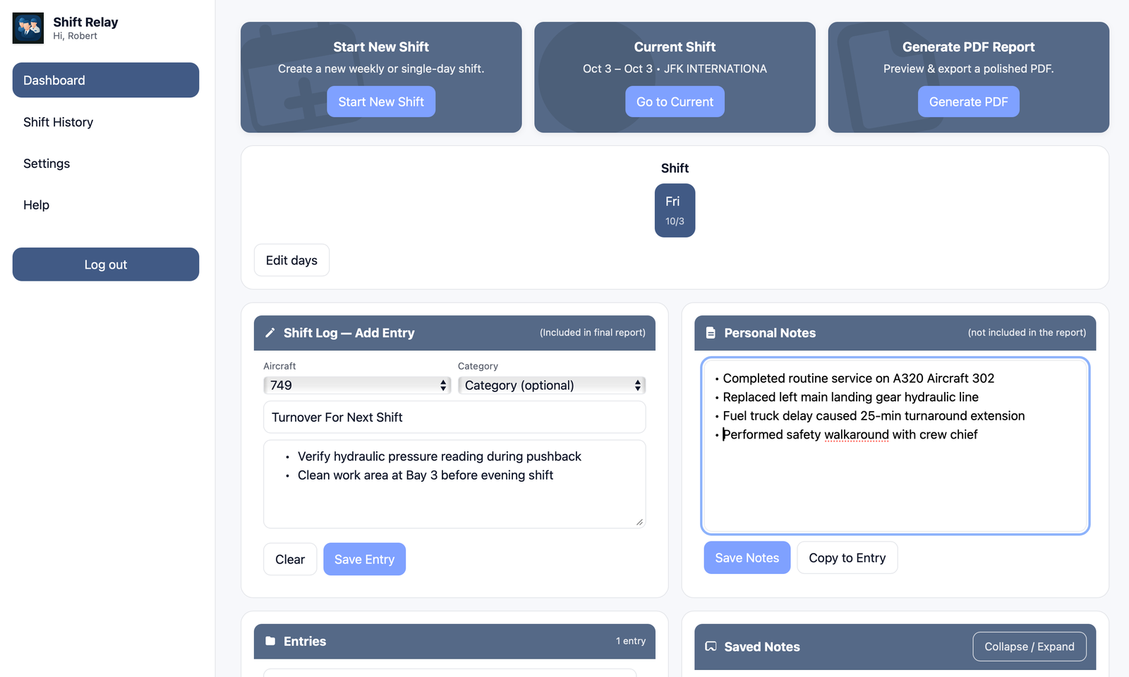 Shift Relay form screenshot