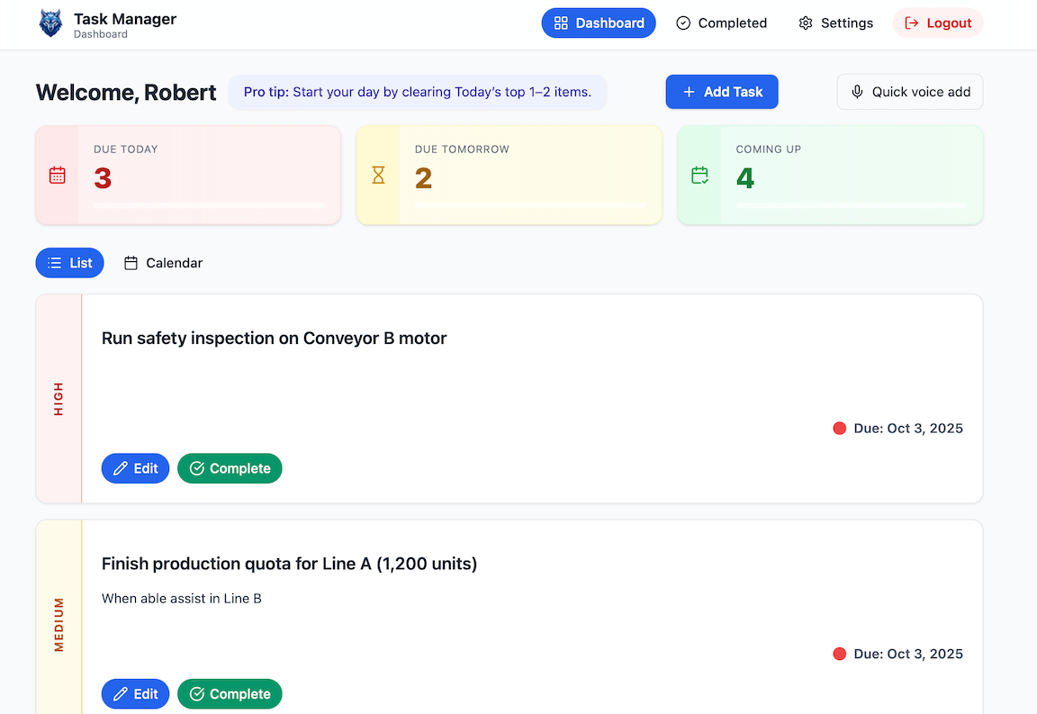 Task Manager dashboard